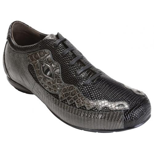 Belvedere "Corona" Black / Grey Genuine Crocodile/Lizard Sneakers With Eyes 2801
